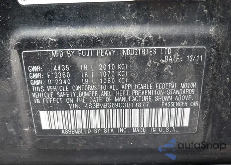 2012 Subaru Legacy 2.5I Premium из США, поврежденный, VIN 4S3BMBG69C3019877